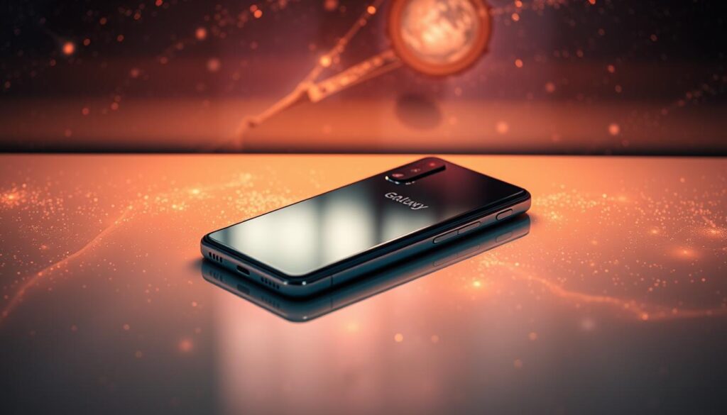 A sleek and modern Galaxy A24 smartphone resting on a reflective surface, surrounded by a captivating galaxy-inspired backdrop. Warm, atmospheric lighting casts a soft glow, enhancing the device's elegant design. The scene is captured from a slightly elevated angle, creating a sense of depth and drawing the viewer's attention to the smartphone's key features. The overall composition evokes a sense of effortless sophistication, perfectly complementing the "Introdução ao Galaxy A24" section of the article.