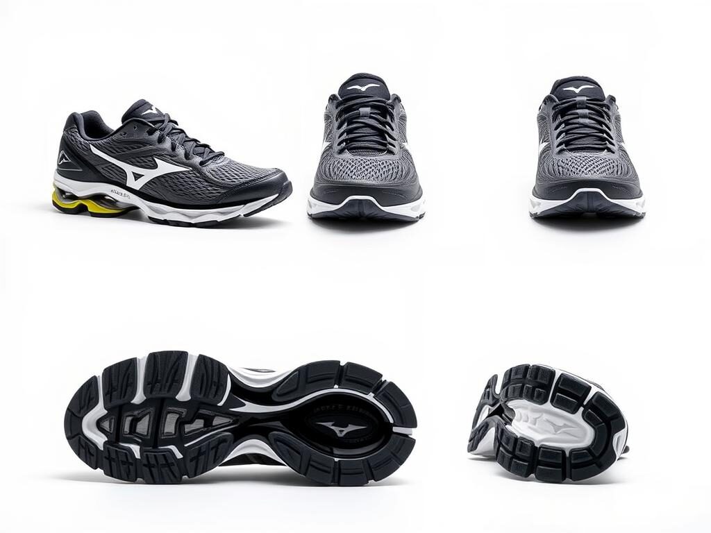 Tênis Mizuno Wave Rider 27 em diferentes ângulos mostrando detalhes da tecnologia Wave Tênis Mizuno Wave Rider 27 em diferentes ângulos mostrando detalhes da tecnologia Wave