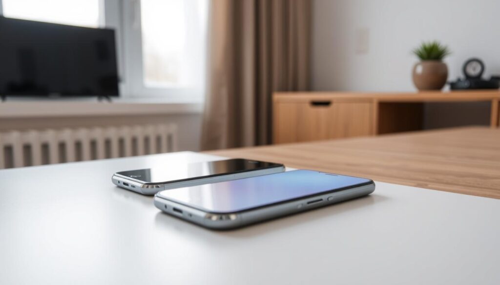 a smartphone resting on a modern, minimalist desk with a clean, white surface and subtle wood accents, the device's sleek glass and metal design catching the soft, diffused light from a large window nearby, its screen illuminating the space with a vibrant, high-resolution display, giving the impression of a premium, mid-range smartphone that seamlessly blends form and function, conveying a sense of sophistication and technological prowess